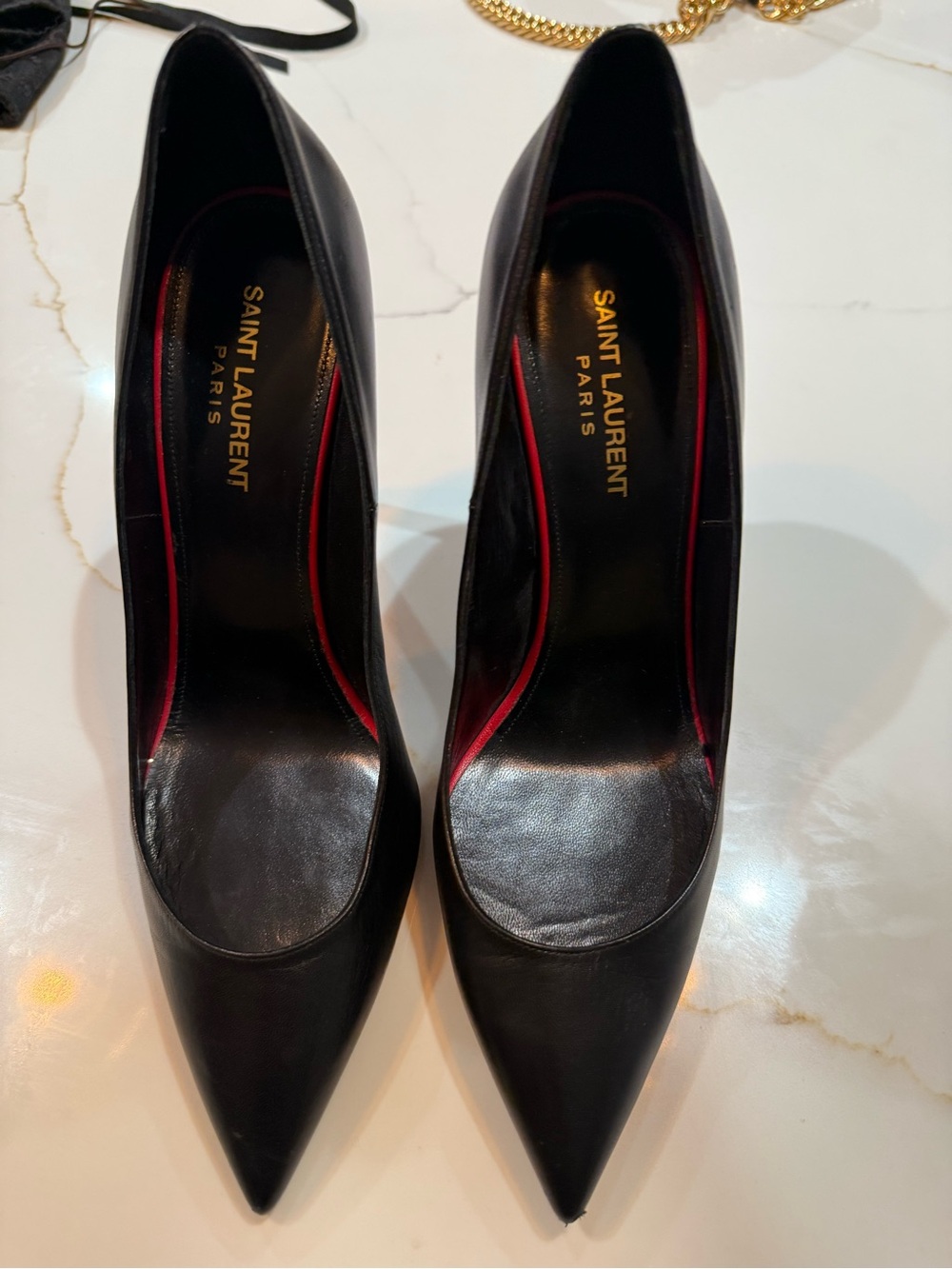 Yves Saint Laurent Black Leather Pointed Toe Pumps with Red Trim